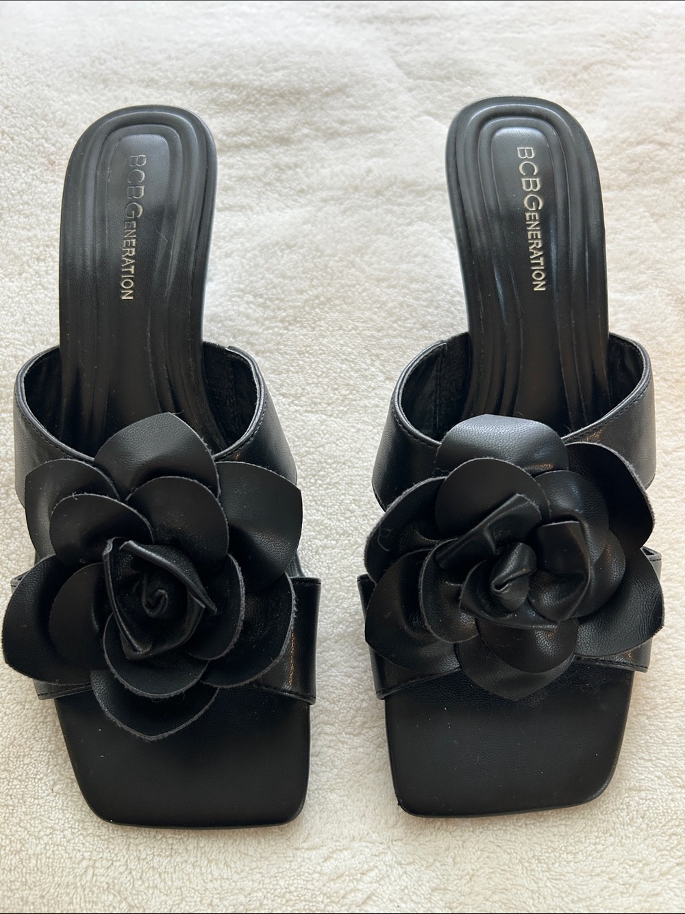 BCBGeneration Black Floral Appliqué Slide Mules